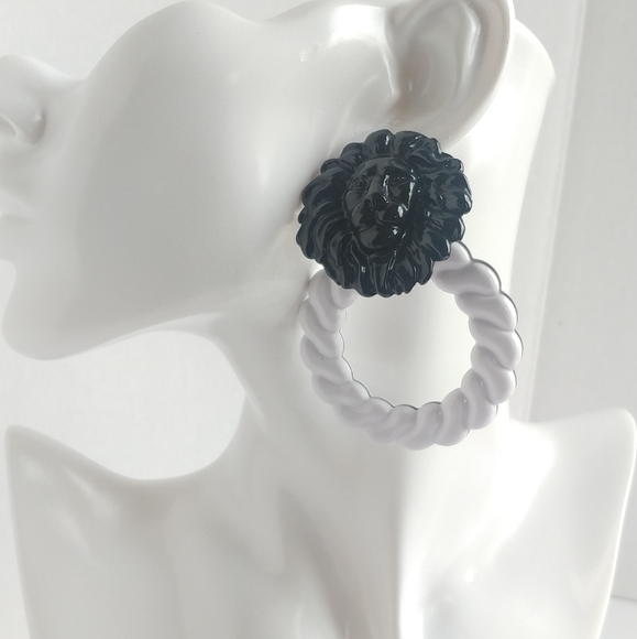 Big Bold Lion Doorknocker Black and White Statement Earrings - Picture 4 of 8